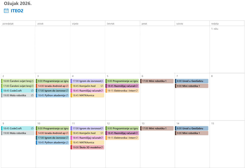 Kalendar radionica projekta ITEO 2.0 u ožujku 2026. godine.