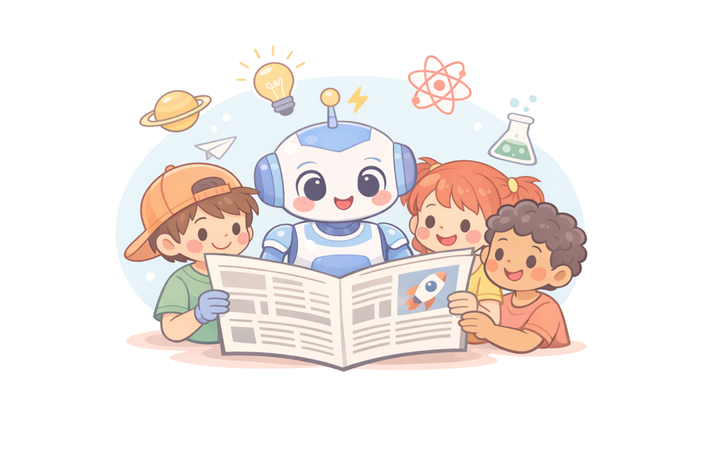 Ilustracija robota koji s djecom čita novine.